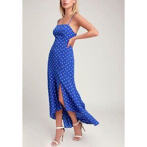 LUSH Lulus Addi Royal Blue Polka Dot Midi Dress Size Small